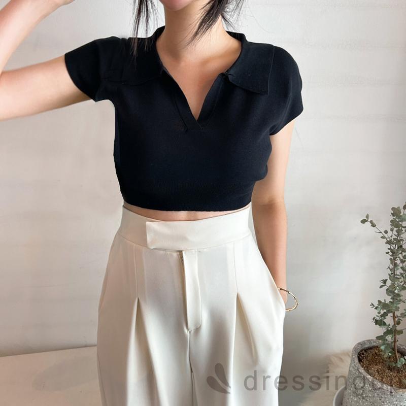 Áo Dệt Kim Tay Ngắn Cổ Chữ V Màu Sắc Đơn Giản Cho Nữ