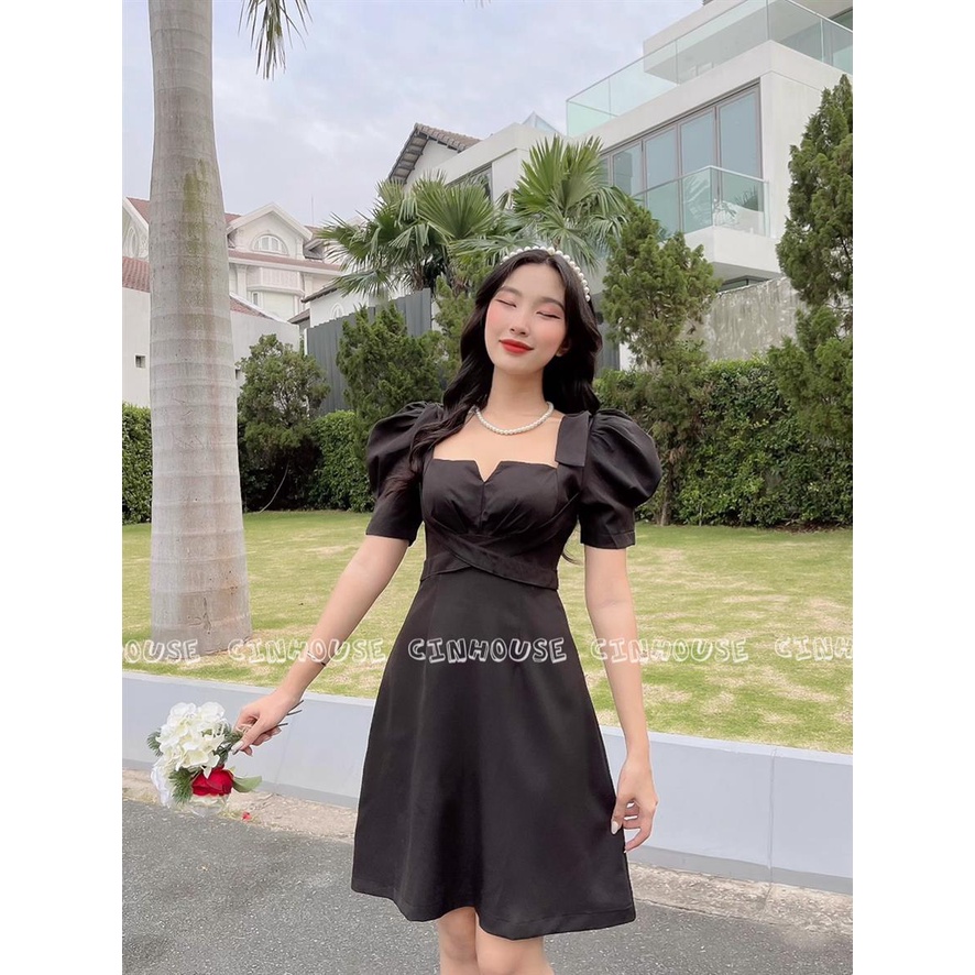 Đầm cổ vuông Mery 0102 phối tay phồng nơ vai trẻ trung CIN HOUSE