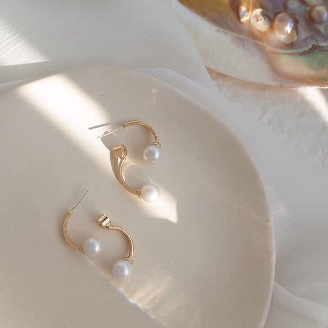 Bông tai khuyên tai 2 chấu ngọc sang chảnh có ảnh thật