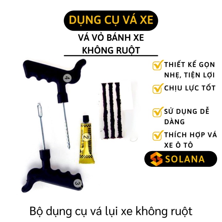Bộ vá xe không ruột - Gồm 1 cây gắp đinh, 1 cây chịu lực để đưa cao su vào, 1 chai keo và 3 cây cao su 3085