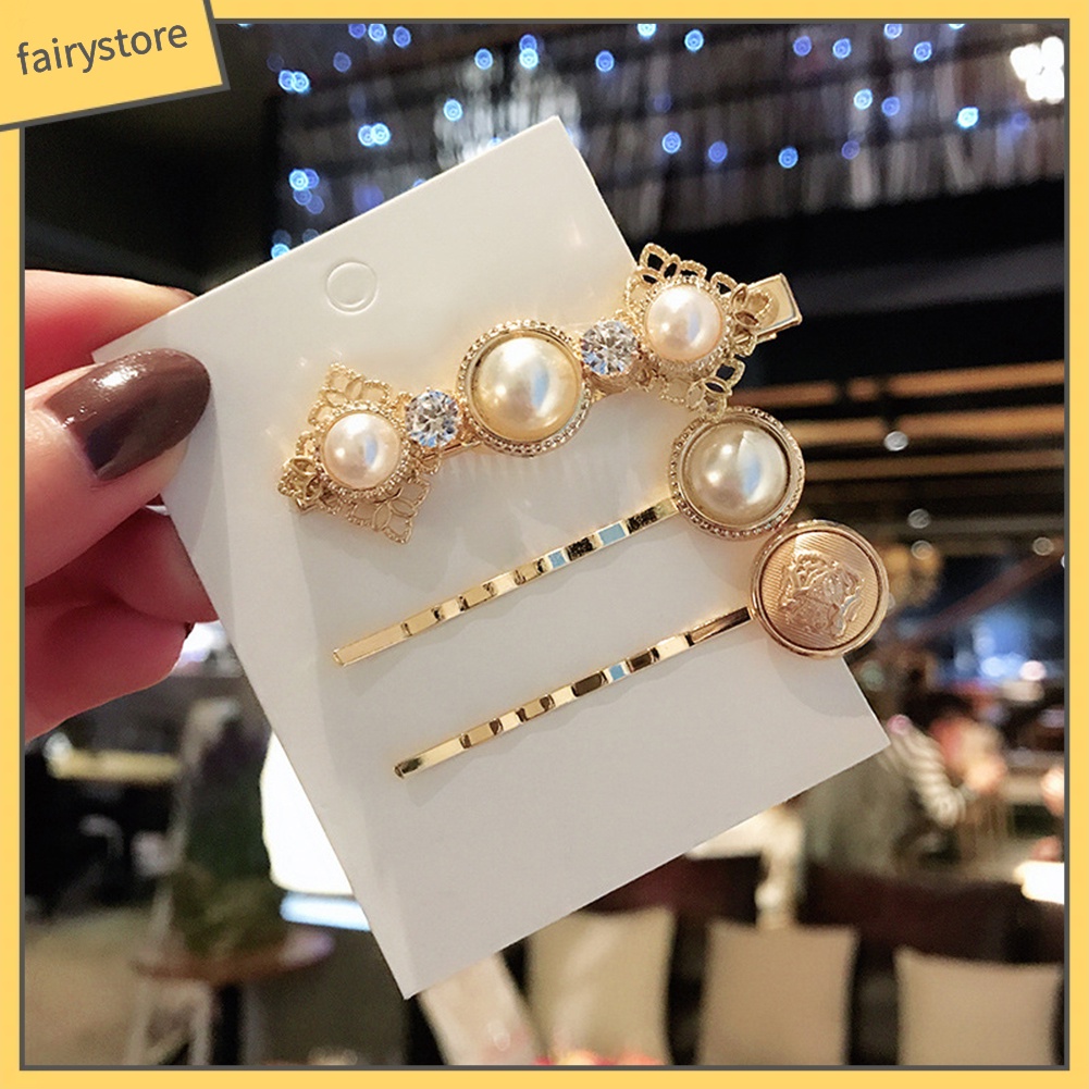 Set 3 kẹp tóc hình vương miện / ngọc trai giả thời trang