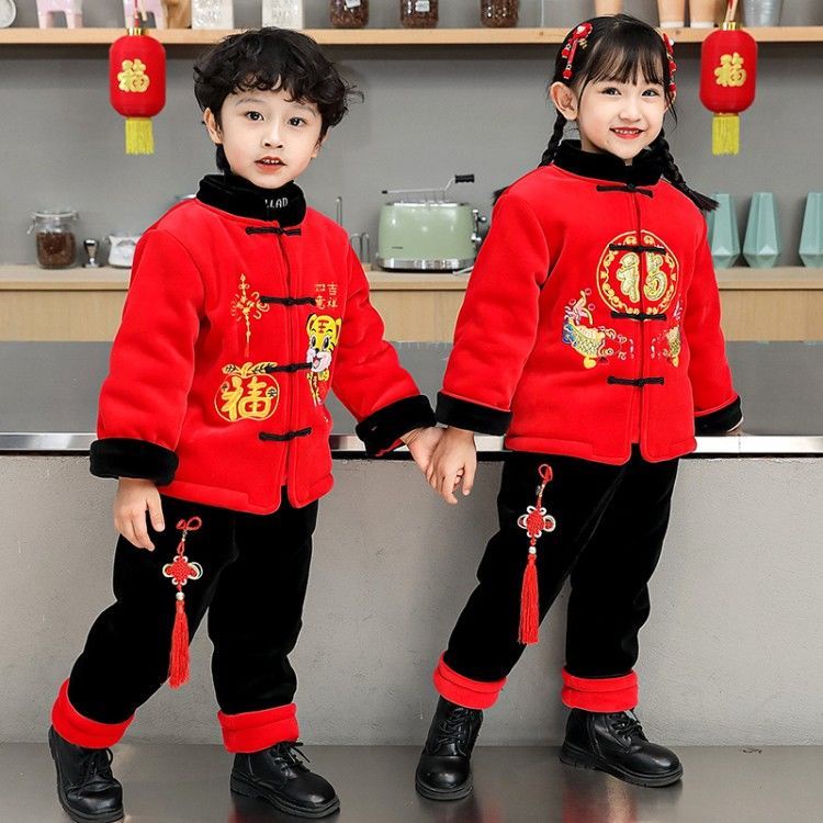 Bộ Quần Áo Nhung Phối Lông Cừu Phong Cách Trung Hoa Mừng Năm Mới Cho Bé 3-7 Tuổi 5 Tuổi