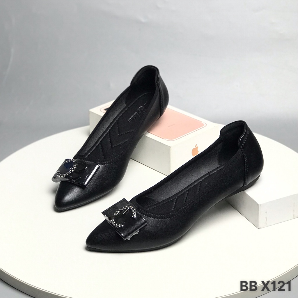 Giày bệt công sở nữ BQ ❤️FREESHIP❤️ Giày búp bê da mềm mũi nhọn khuy X đế cao su viền chun co giãn BBX121