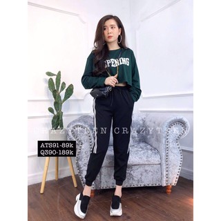 Sét Áo Thun Tay Dài Form Croptop In Chữ OPENING Kết Hợp Quần Dài Phối Viền Đùi Cực Chất TTS1043