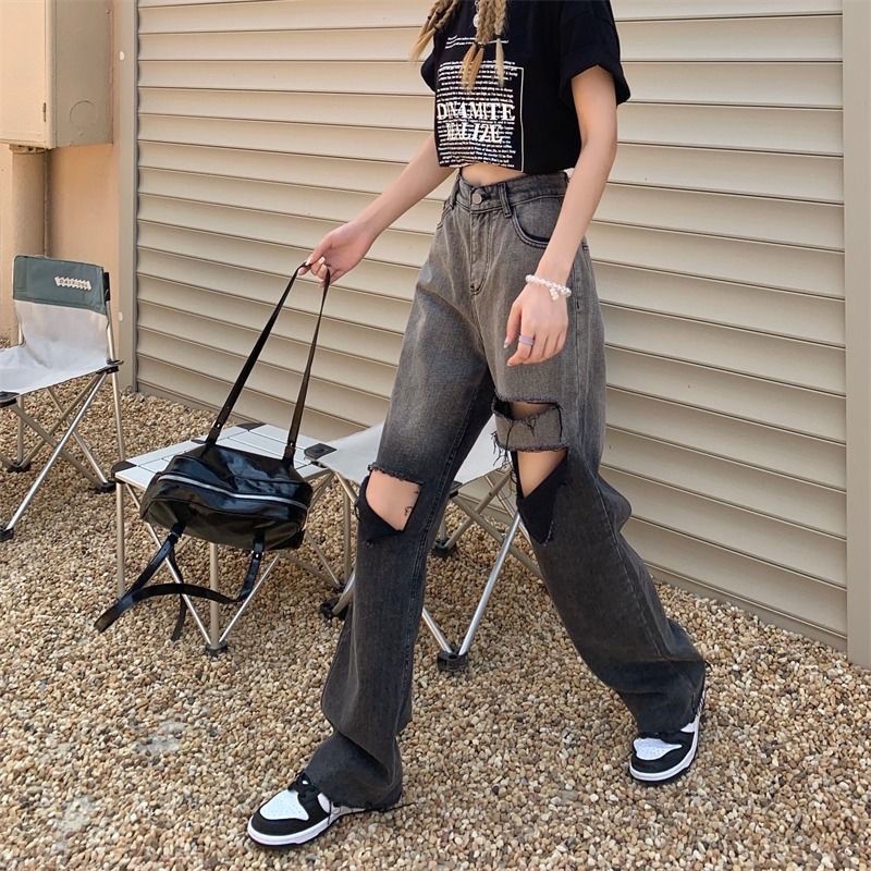 ✢►Quần Jean Nữ Lưng Cao Ống Rộng Rách Gối Màu Sắc Độc Đáo