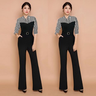 Jumpsuit nữ dài ống loe cổ sơ mi kẽ sọc thắt belt j955