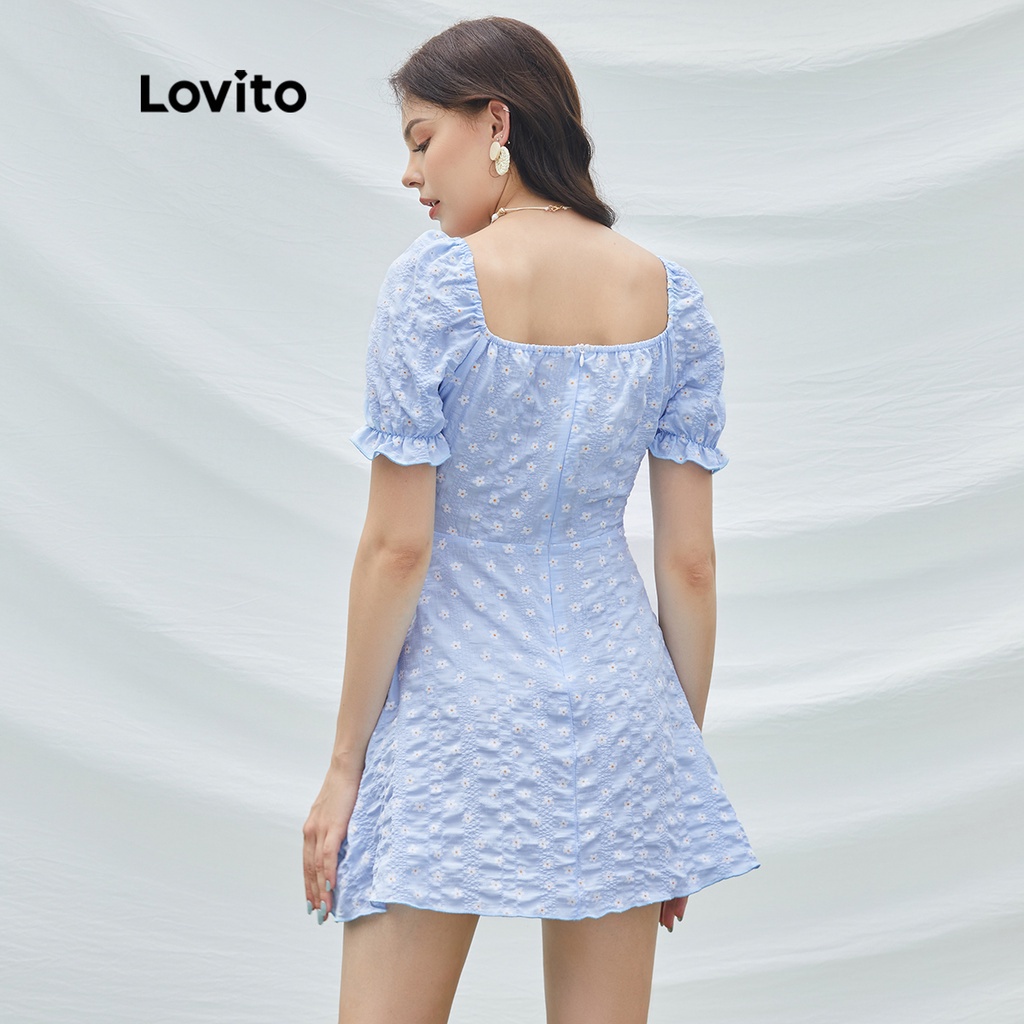 Lovito Váy tay phồng hoa ren lên Boho L24ED141 (Xanh lam)