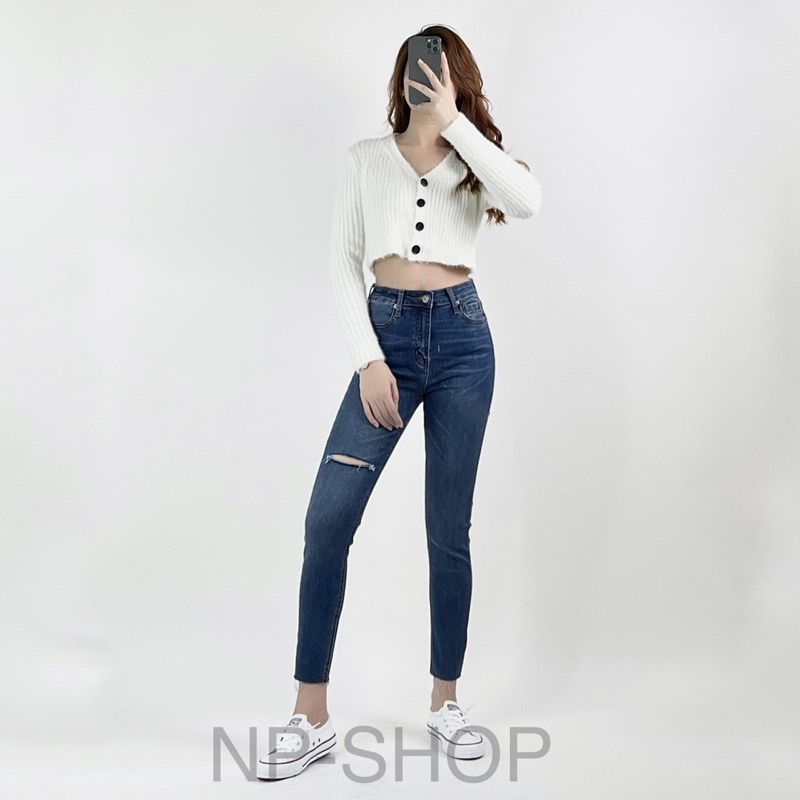 Quần jean nữ lưng cao NP Shop ⚡️ Quần bò nữ 9 tấc dáng ôm cạp cao co giãn kiểu Rách Đùi