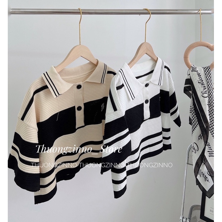 [Ảnh thật/Video] Áo mongtogi Cổ polo kẻ ngang màu Trắng trẻ trung  Áo len sọc ngang hàn quốc