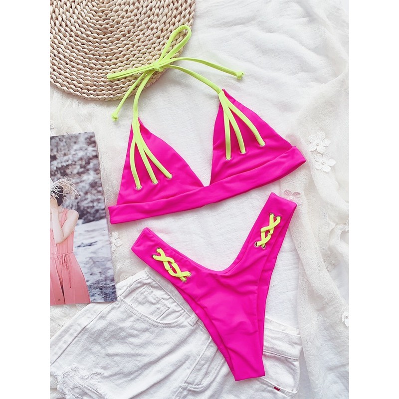 [BKN838] &lt;ÂU&gt; SET BIKINI HỒNG MIX XANH NEON QUẦN THONG/LỌT KHE