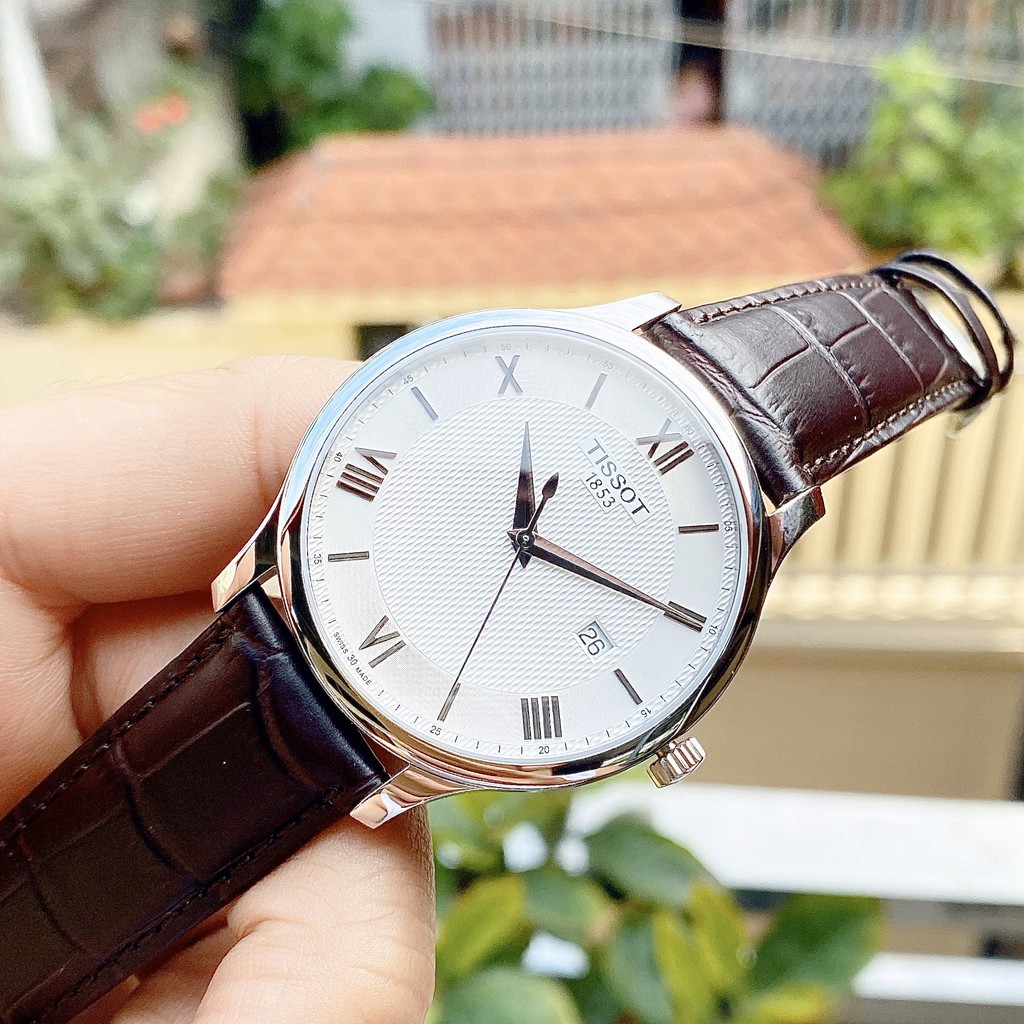 Đồng hồ Nam chính hãng Tissot 1853 Tradition T063.610.16.038.00 Mặt trắng,Lịch ngày-Máy Pin Quartz-Dây da nâu-Size 42mm