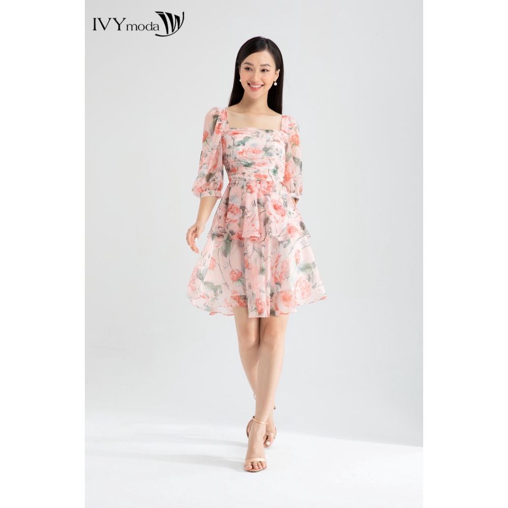 Đầm hoa lụa cổ vuông thiết kế IVY moda MS 48B8626