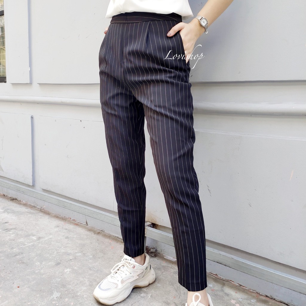 Áo sơ mi tay ngắn phối quần baggy sọc túi xéo Lovi