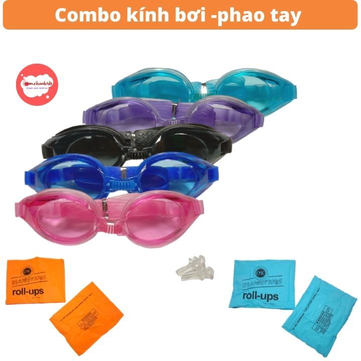 Combo kính bơi (tặng bịt tay) - phao tay -nón bơi - Tomchuakids.