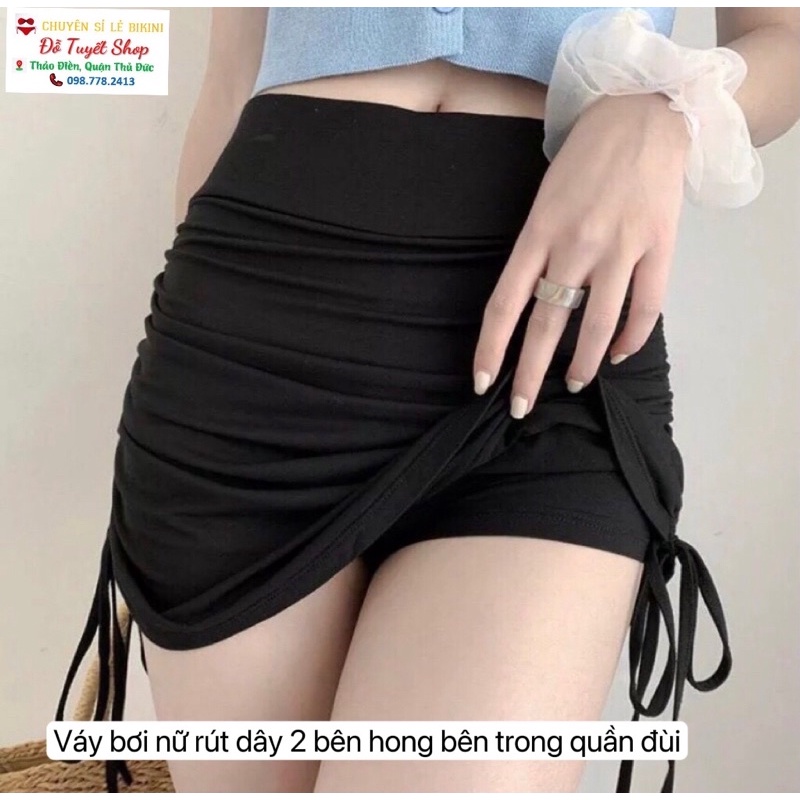 Váy bơi nữ cạp cao rút dây hai bên hong trong váy may quần đùi free size 40 đến 60 ký, hàng may đẹp siêu co giản