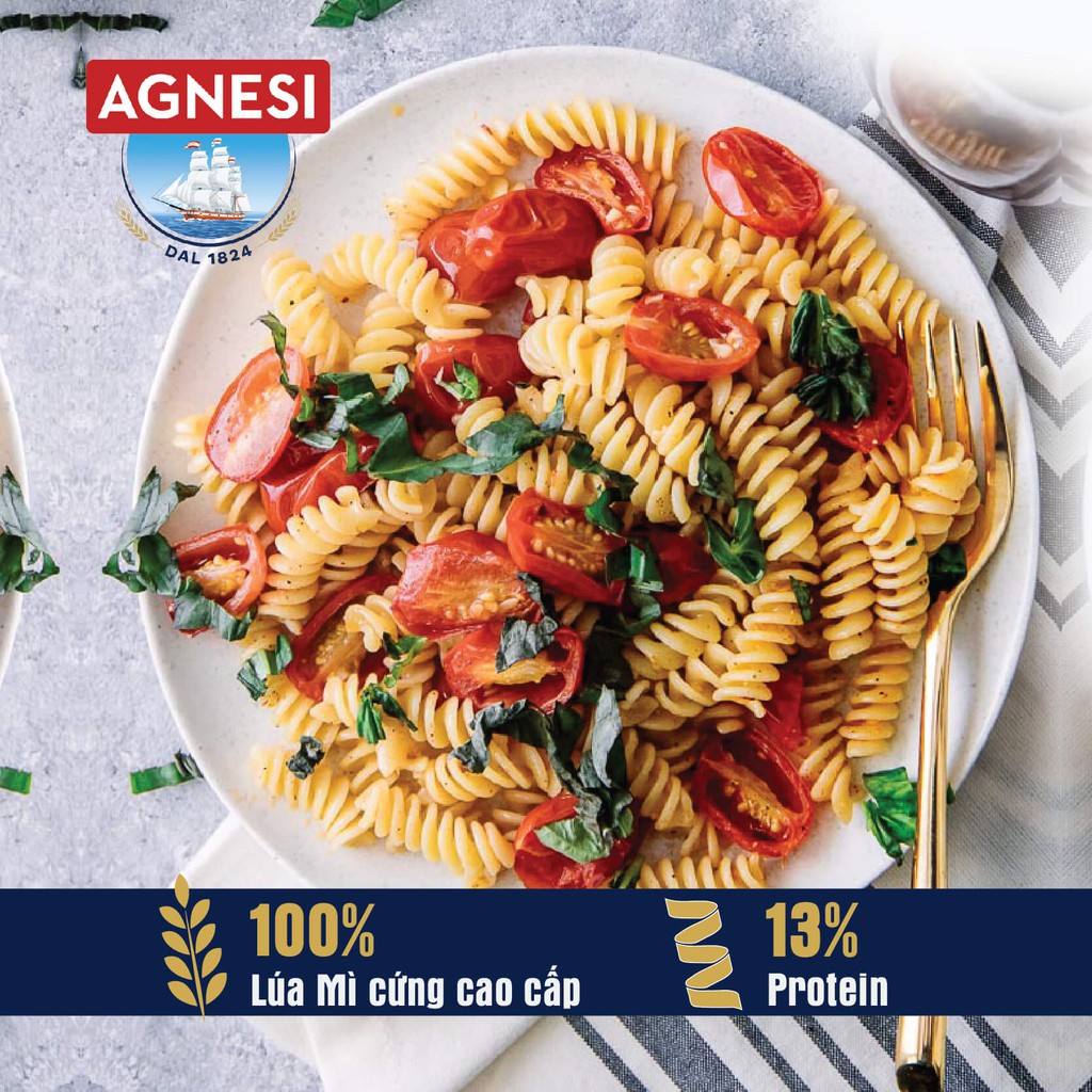 Nui xoắn Fussili Agnesi 500g, dùng lúa mì durum cao cấp giữ sốt, không gãy và dính