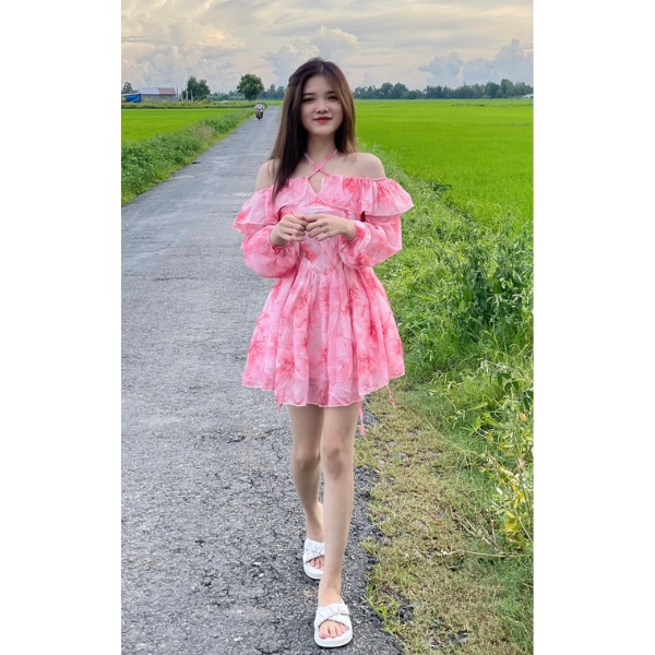 Đầm hoa hai dây rớt vai cao cấp PLD23
