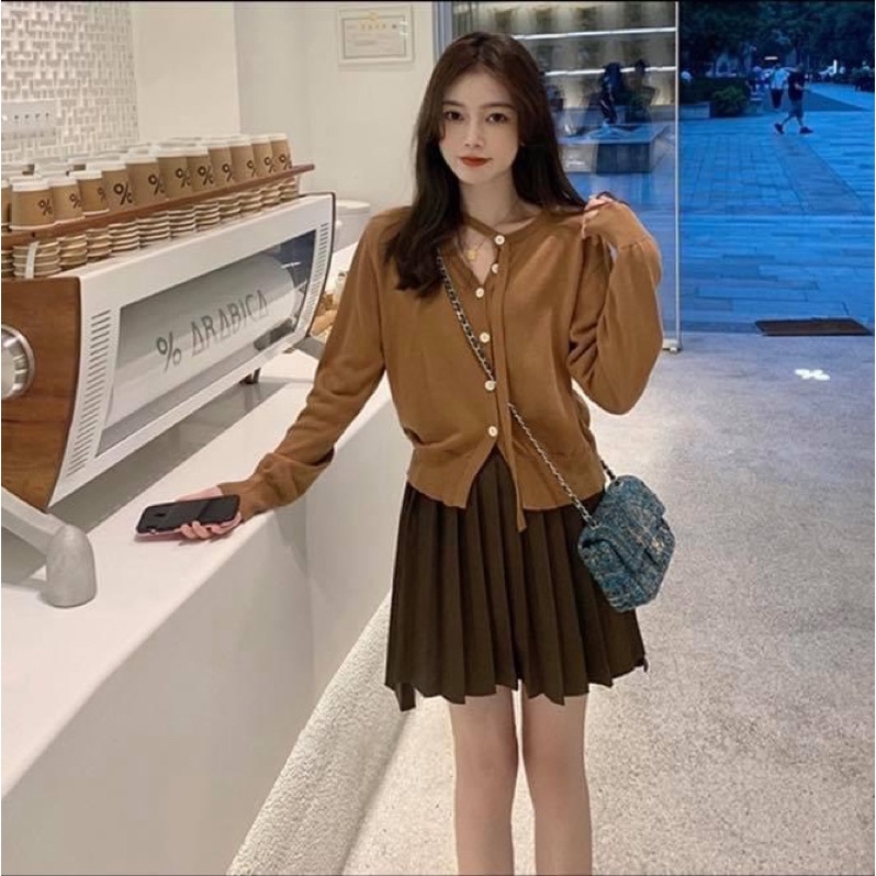 Áo len cardigan tay dài phối dây nơ cổ chéo nút trơn kiểu nữ - Order taobao quảng châu
