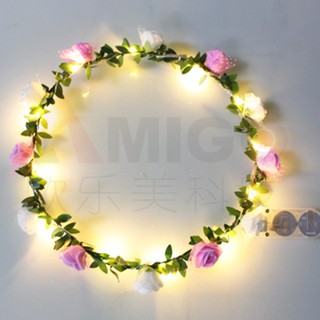 Vòng hoa đội đầu gắn đèn led(combo vòng hoa và đèn led)