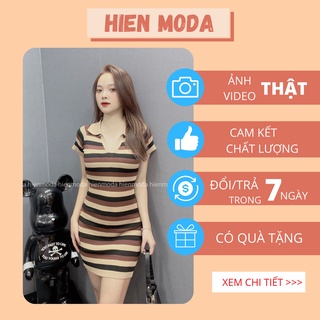 Váy mongtoghi nữ ôm body kẻ ngang , váy len mỏng kiểu dáng ôm cổ đức kẻ nâu