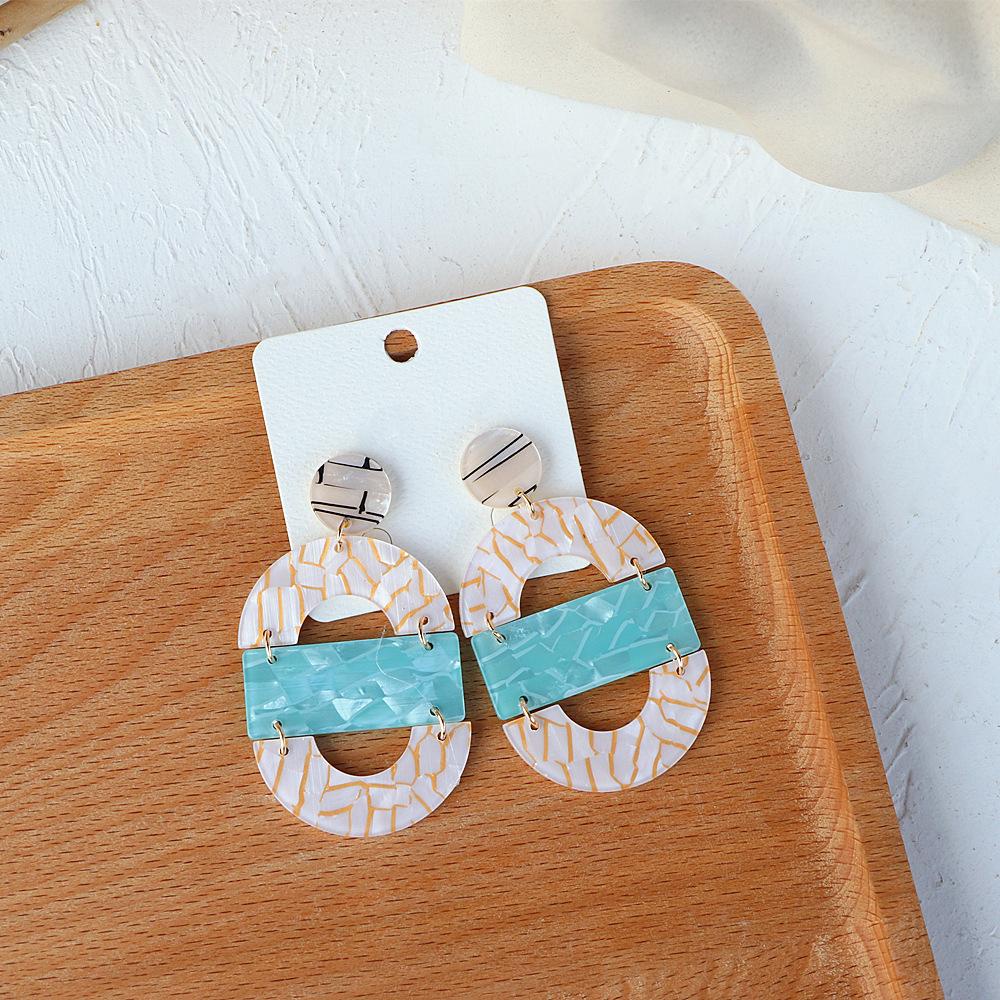 Khuyên Tai Dáng Dài Họa Tiết Cẩm Thạch Hình Tròn Không Đối Xứng Thời Trang