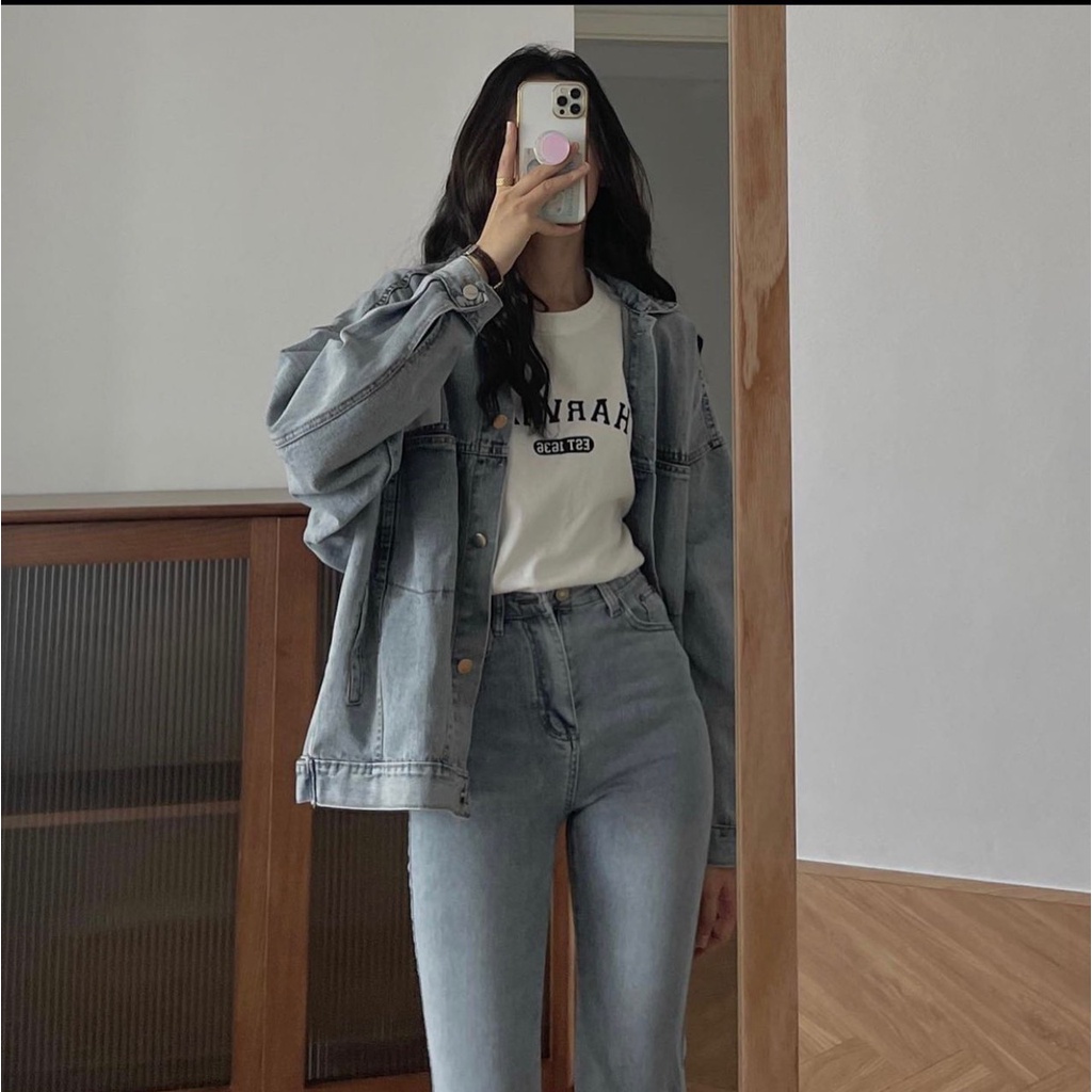 Áo denim nữ Hàn Quốc form rộng túi nắp F68