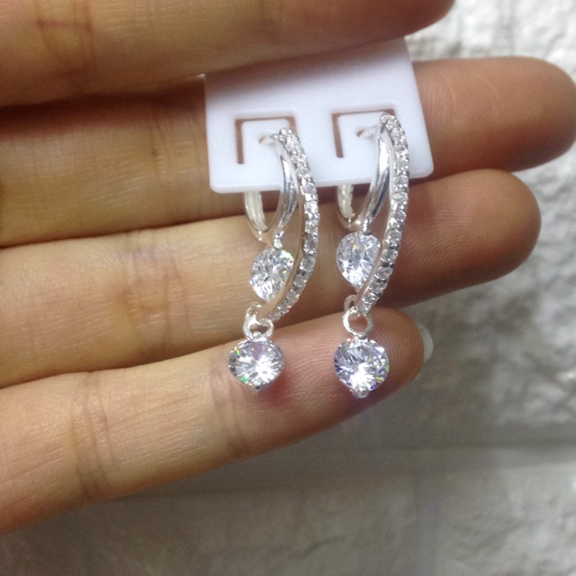 Bông tai treo đá trắng nhân tạo 2 tầng bạc ta