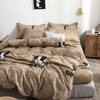 Set 5 món cao cấp vỏ chăn ga gối kèm vỏ gối ôm - Mẫu GUCCI CHÓ NÂU