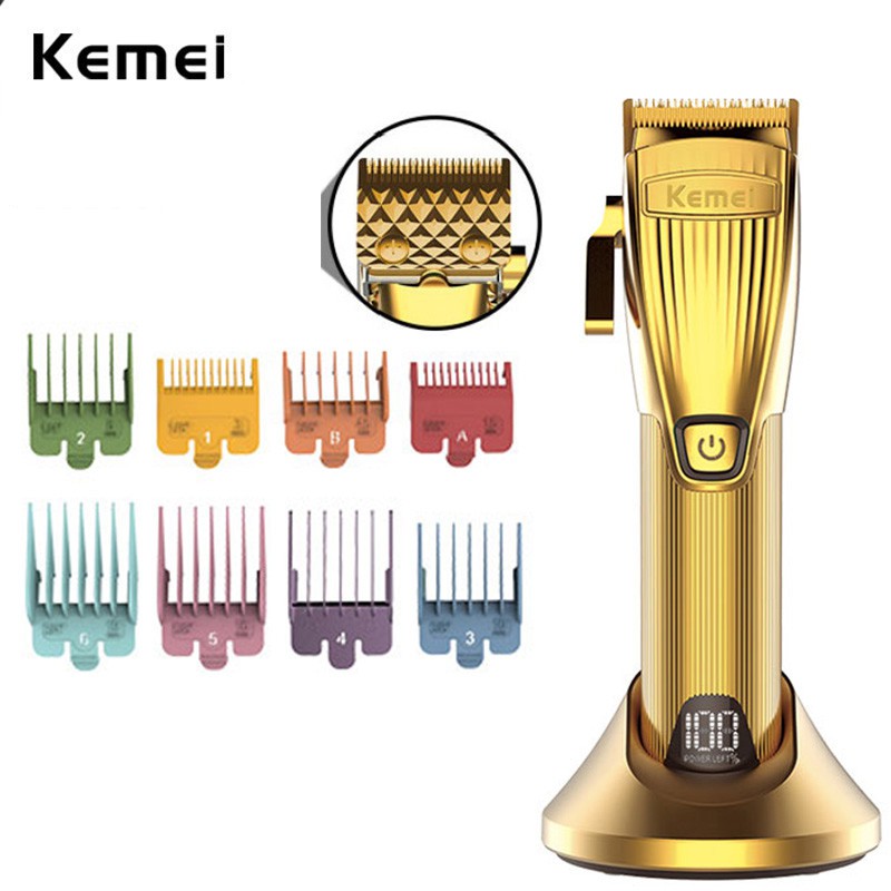 Kemei LED Display Hair Clipper All Metal Body Diamond Blade with 8 Color Coded Cutting Guides