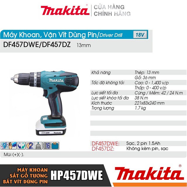 [Chính Hãng] Máy Khoan Bắt Vít Dùng Pin Makita HP457DWE, Giá Đại Lý Cấp 1, Bảo Hành Tại Các TTBH Toàn Quốc