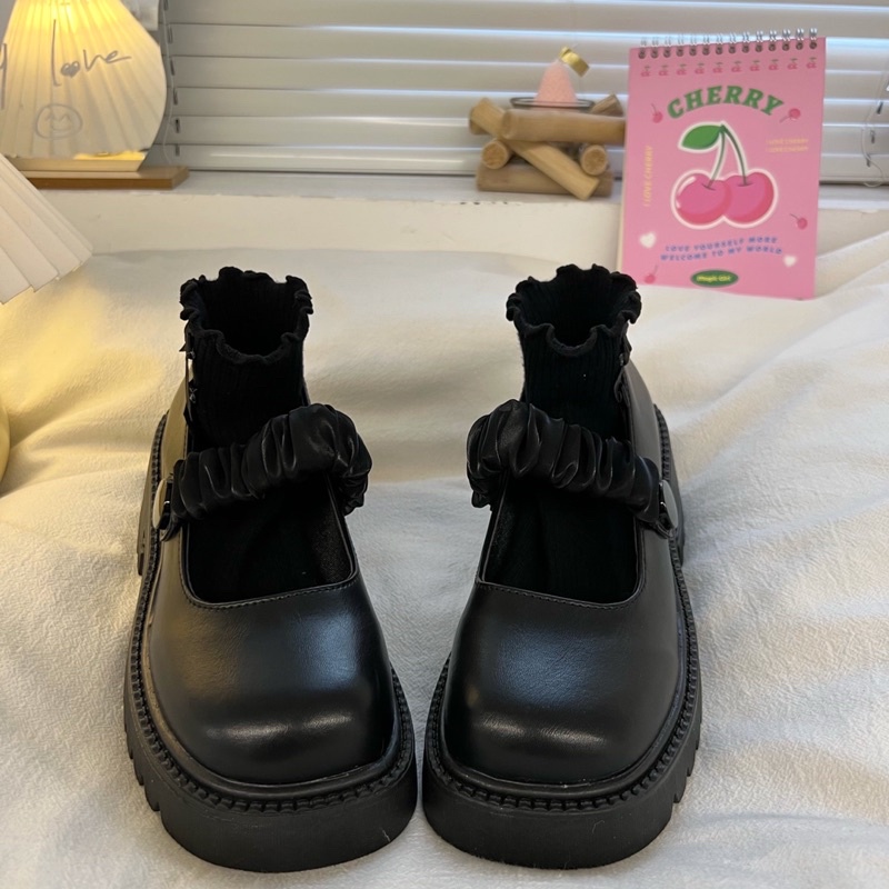 Giày lolita nữ độn đế cao quai chun nhún,Giày da ulzzang nữ phong cách Hàn Quốc LT58