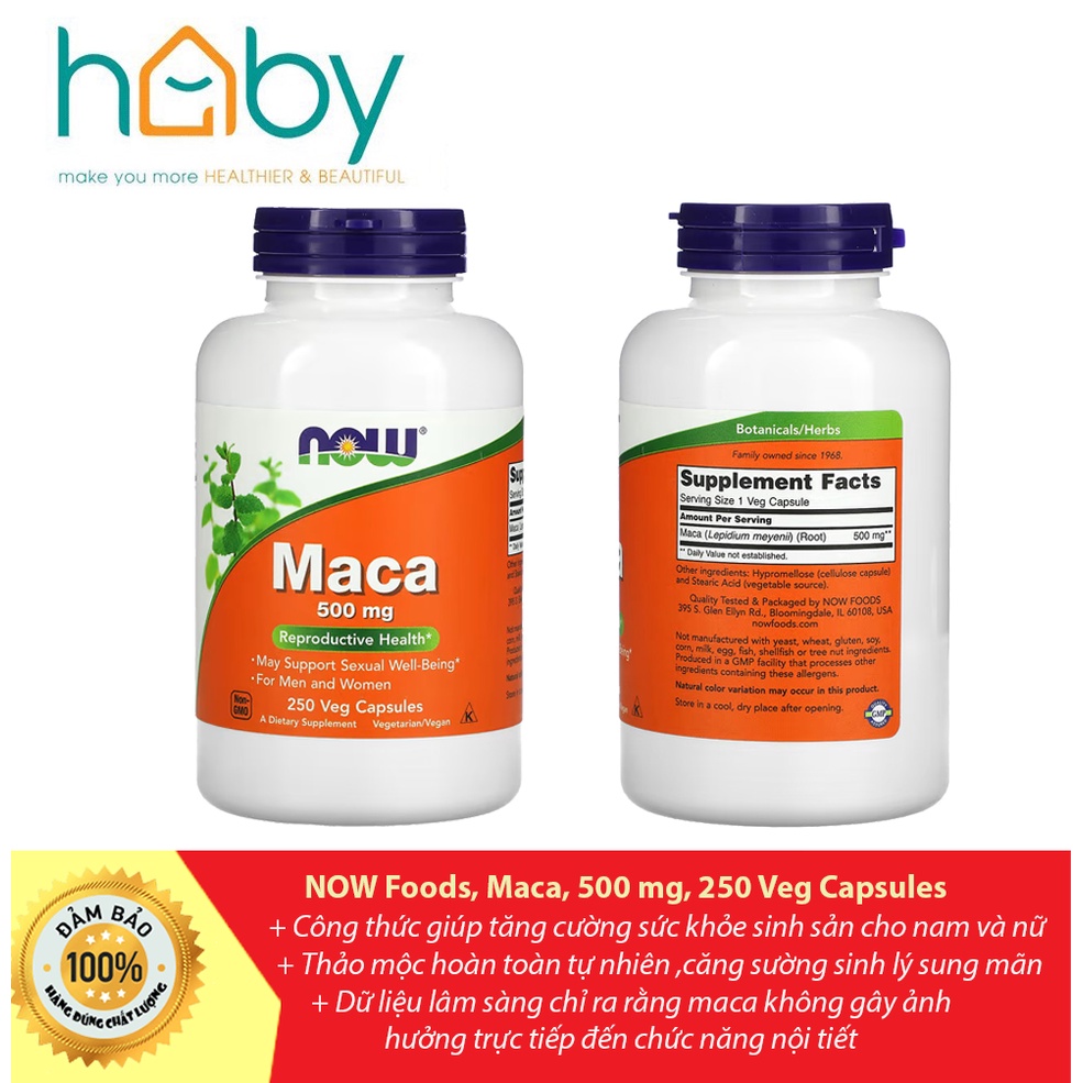 Viên uống tăng cường sinh lý Nam, NỮ Maca Food Now 500 mg 250 viên