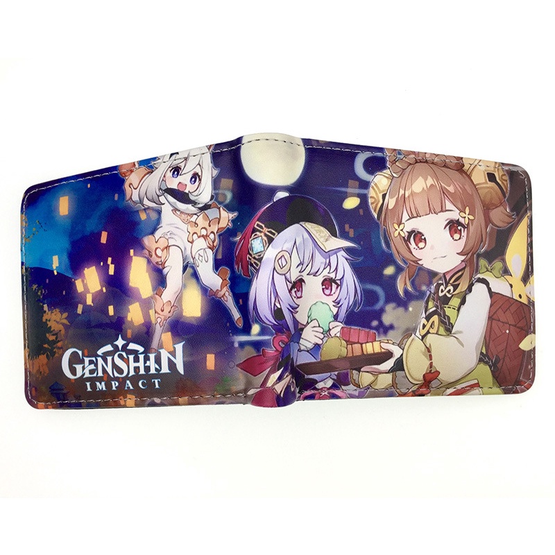Ví da PU gập đôi đựng thẻ và tiền xu phong cách game Genshin Impact có giá đỡ cho nam sinh