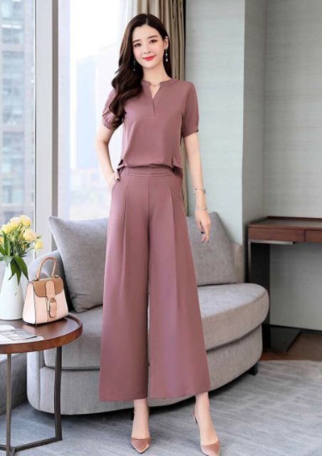 Hàng nhập - Set bộ nữ ống rộng cổ V nẹp