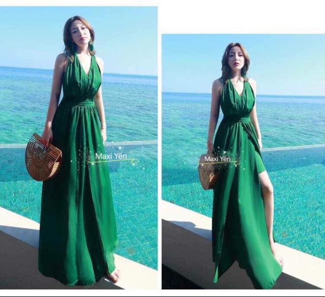 Đầm maxi xanh lá hở lưng dây chéo xẻ tà đùi váy đi biển đẹp F7.329 Maxi Yến