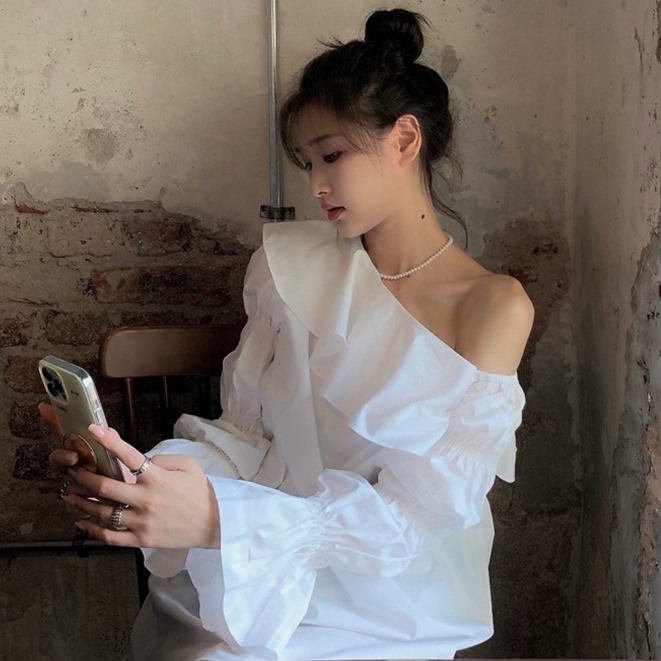 Đầm Trễ Vai Tay Dài Nhún Bèo Phong Cách Mới Dành Cho Nữ
