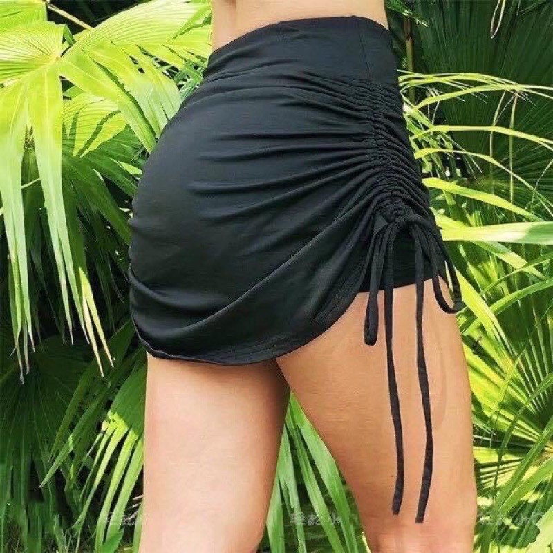 [ ẢNH THẬT]  Bikini, đồ bơi 2 mảnh áo tay ngắn phối váy rút dây màu đen kín đáo