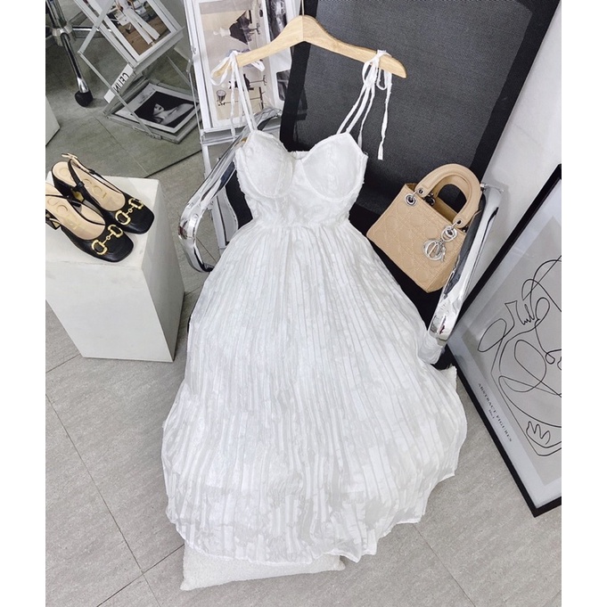 ĐẦM MIDI TRẮNG 2S CỘT VAI DẬP LY THÂN