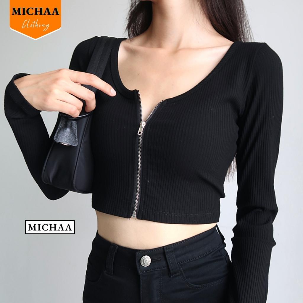 Áo Croptop Tay Dài DÂY KÉO NGỰC Nữ Thun Gân Ulzzang Kiểu Cổ Vuông Đẹp Ôm Body - MICHAA