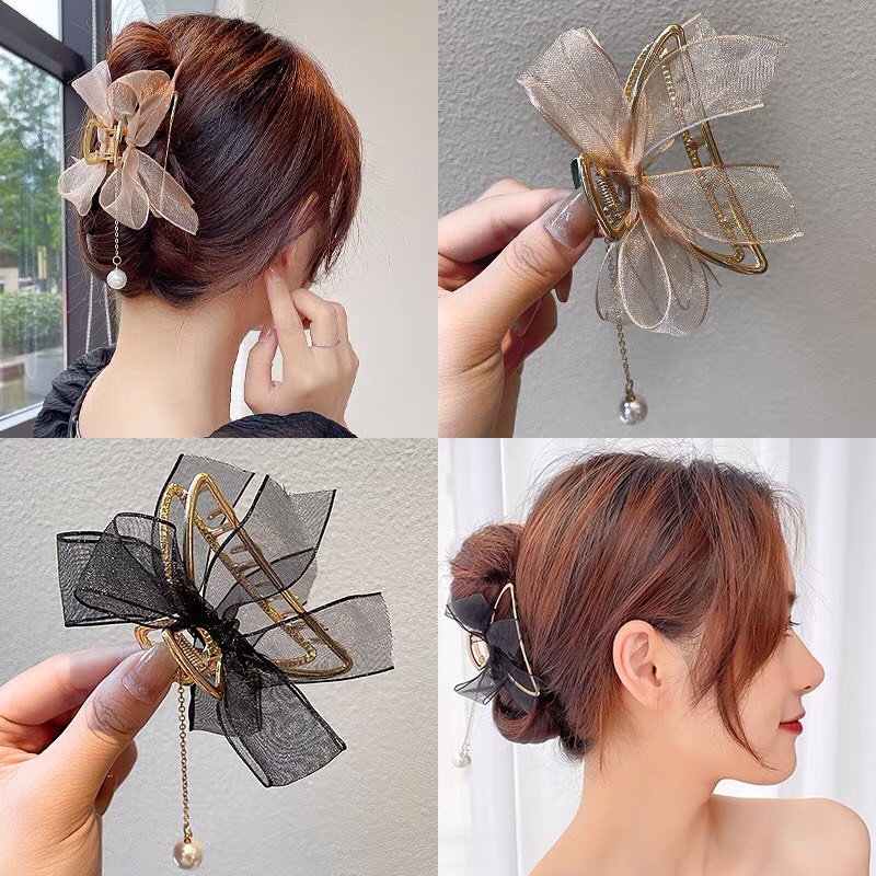 Kẹp tóc càng cua Hàn Quốc hình nơ phối hạt trai Cặp búi tóc tiểu thư nhiều màu xinh xắn sang trọng cho nữ Aikimo KDN