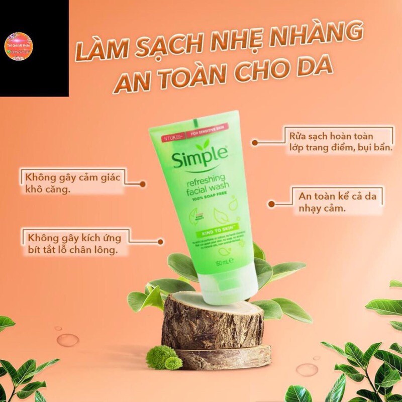 [BAO BÌ MỚI] Sữa Rửa Mặt Simple Gel Kind To Skin Refreshing Facial Wash Gel 150ml