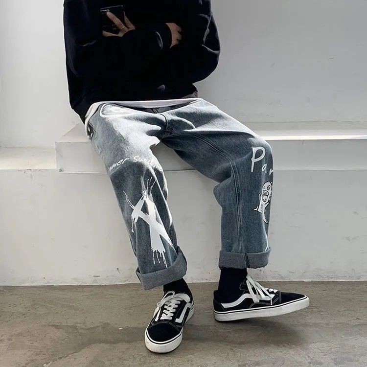 Quần Jean Ống Rộng Họa Tiết Hoạt Hình Graffiti Phong Cách Hip Hop Cá Tính Cho Nam | BigBuy360 - bigbuy360.vn