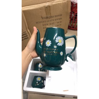 Bộ ấm chén sứ xanh cổ vịt hoa cúc/ quả chanh