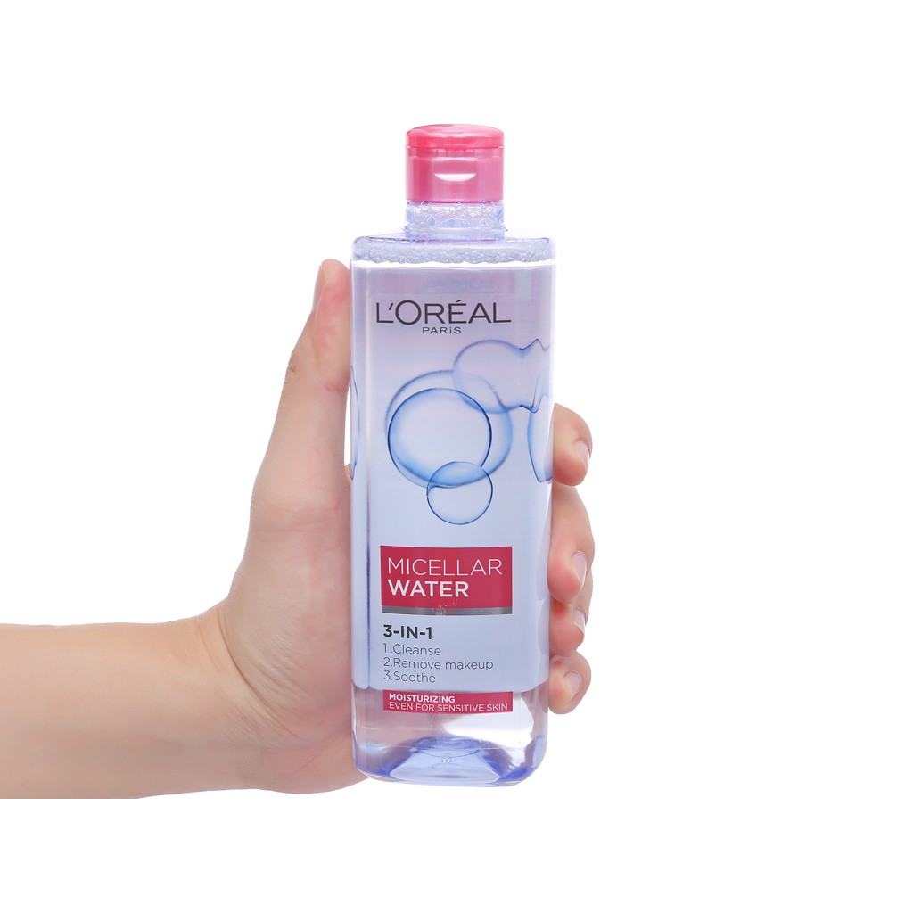 Nước tẩy trang Loreal paris 3 in 1 micellar water 400ml Moisturizing màu hồng cho da khô