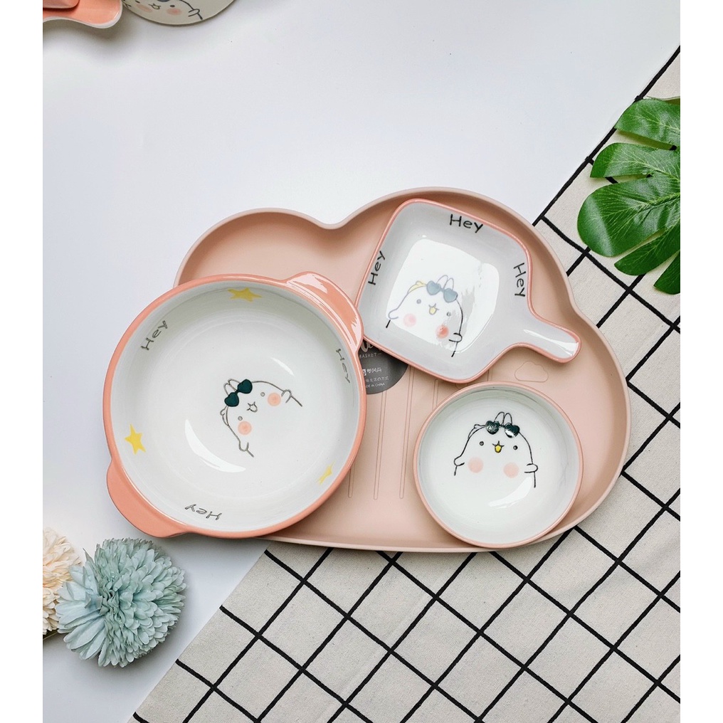 Combo chén bát ăn dặm gốm sứ màu xanh, màu hồng đáng yêu cho bé- Baby Galaxy Official