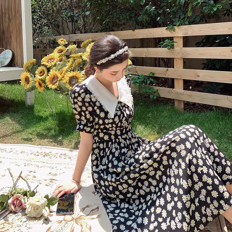 Váy hoa nhí, đầm maxi hoa nhí HECCI phối cổ ren dáng xòe nữ tính V72