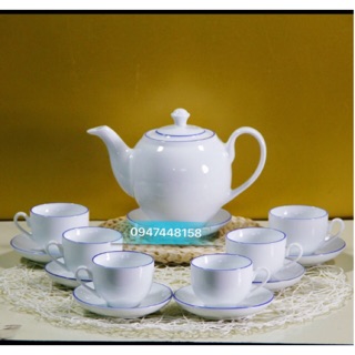 Bộ ấm chén trắng dáng Minh Long 2 viền chỉ xanh