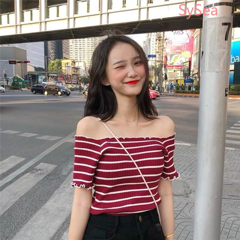 Áo Dệt Kim Trễ Vai Tay Ngắn Hoạ Tiết Kẻ Sọc Cho Phái Nữ