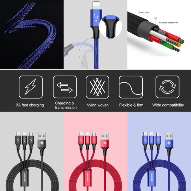 Cáp Sạc Rapid Series 3-in-1 BASEUS Lightning+Micro+type C
