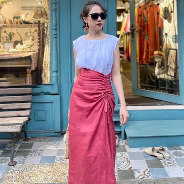 Chân váy Linen tưng Premium 2 lớp dáng dài rút eo trẻ trung